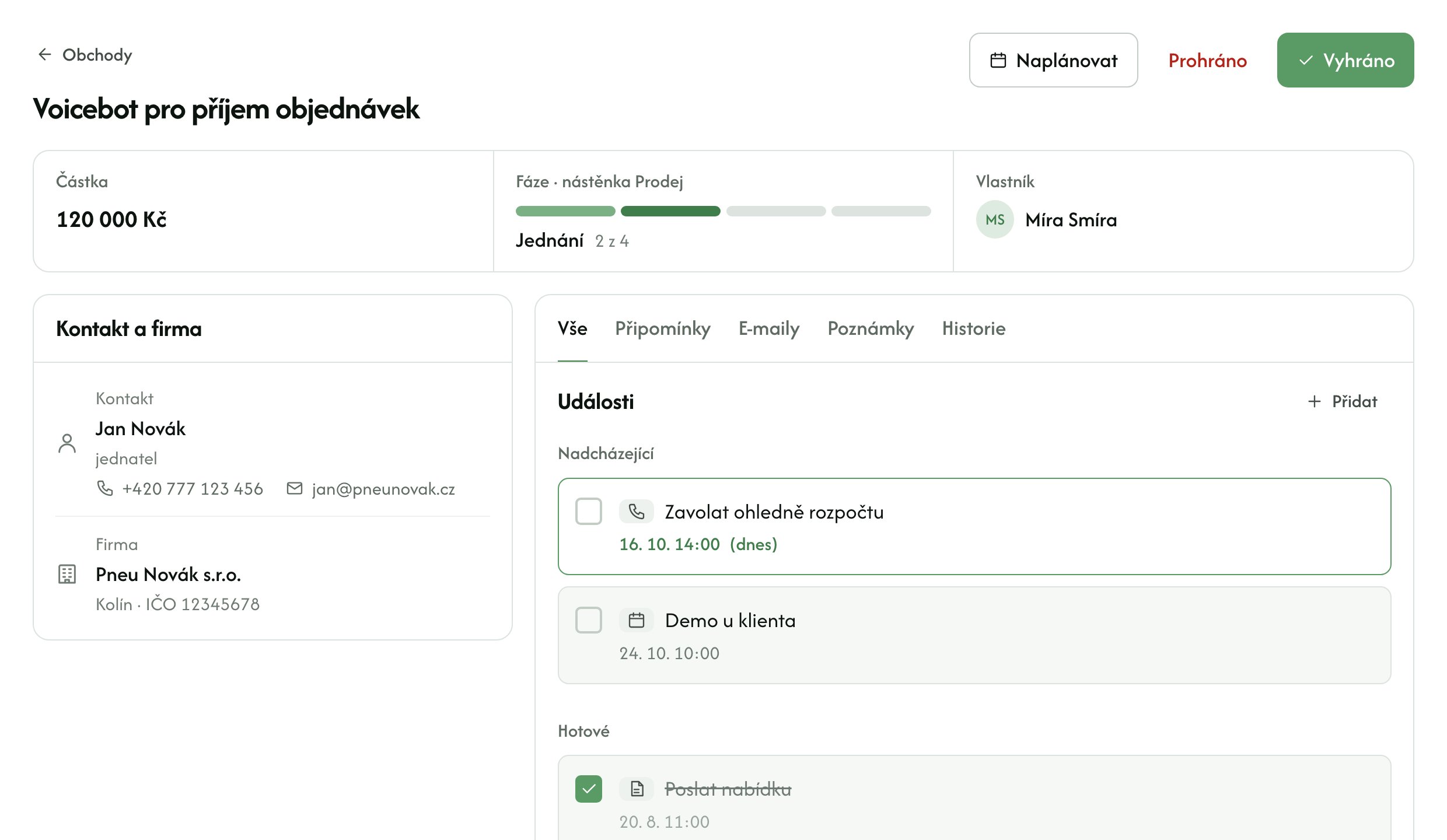 Detail obchodu v LeanDeals: částka, fáze, kontakt a proud aktivit